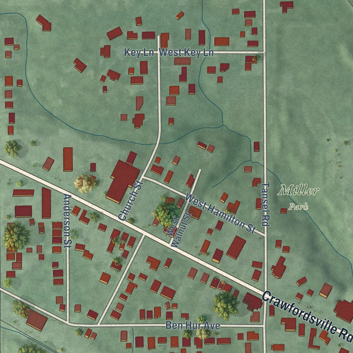 Close-up of the map of Clermont, Indiana print showing street and building detail