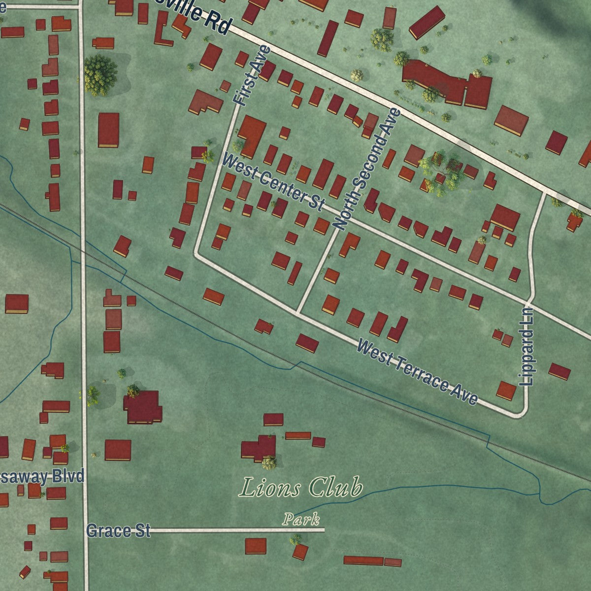 Second close-up of the map of Clermont, Indiana print showing more streets and buildings