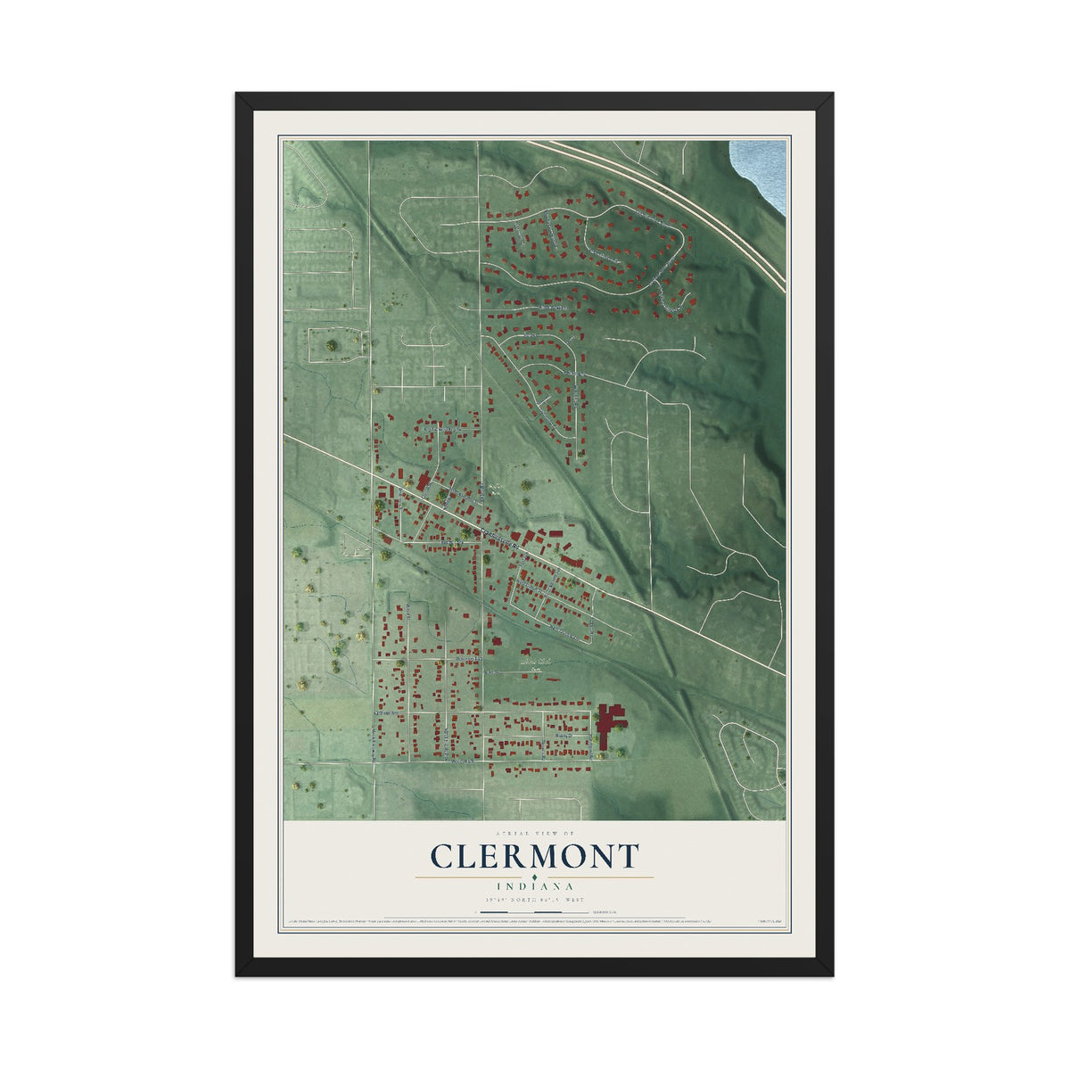 Map of Clermont, Indiana, 12 x 18 inch print in a black wood frame