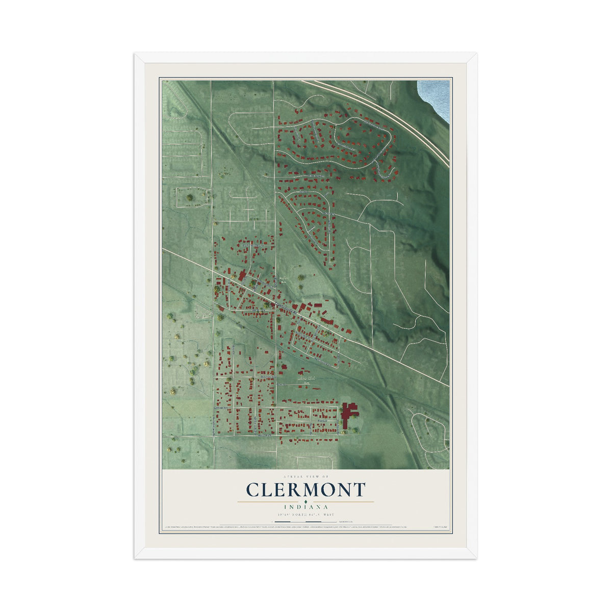 Map of Clermont, Indiana, 12 x 18 inch print in a white wood frame