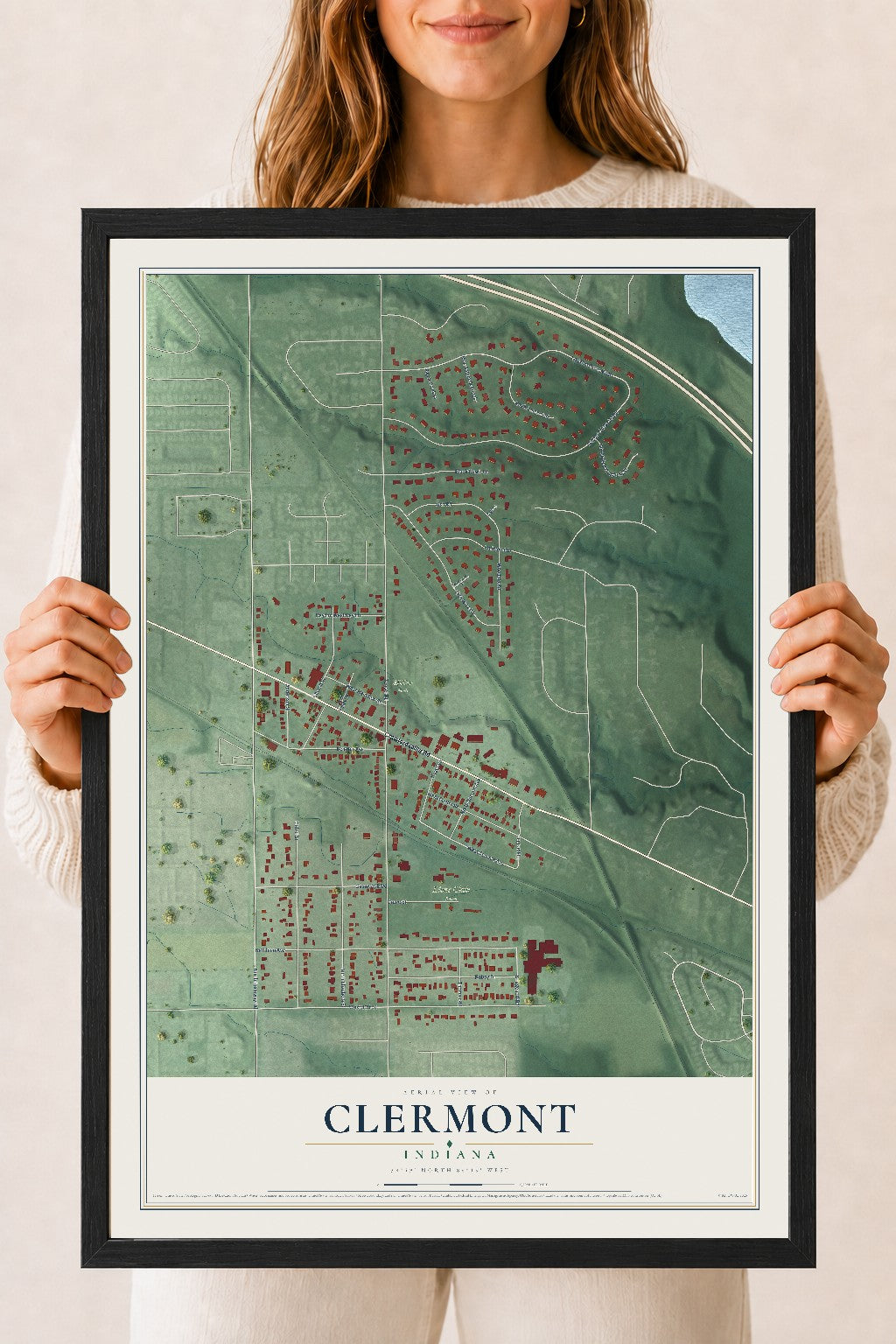 Map of Clermont, Indiana, 18 x 24 inch print in a black wood frame