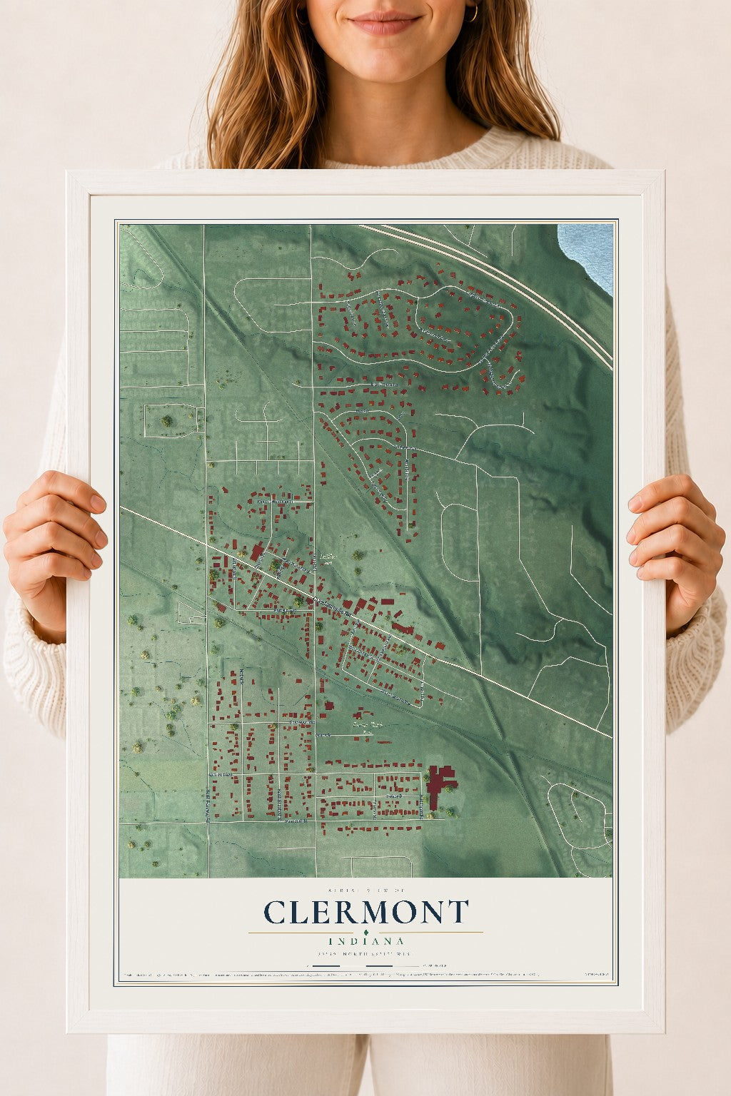 Map of Clermont, Indiana, 18 x 24 inch print in a white wood frame