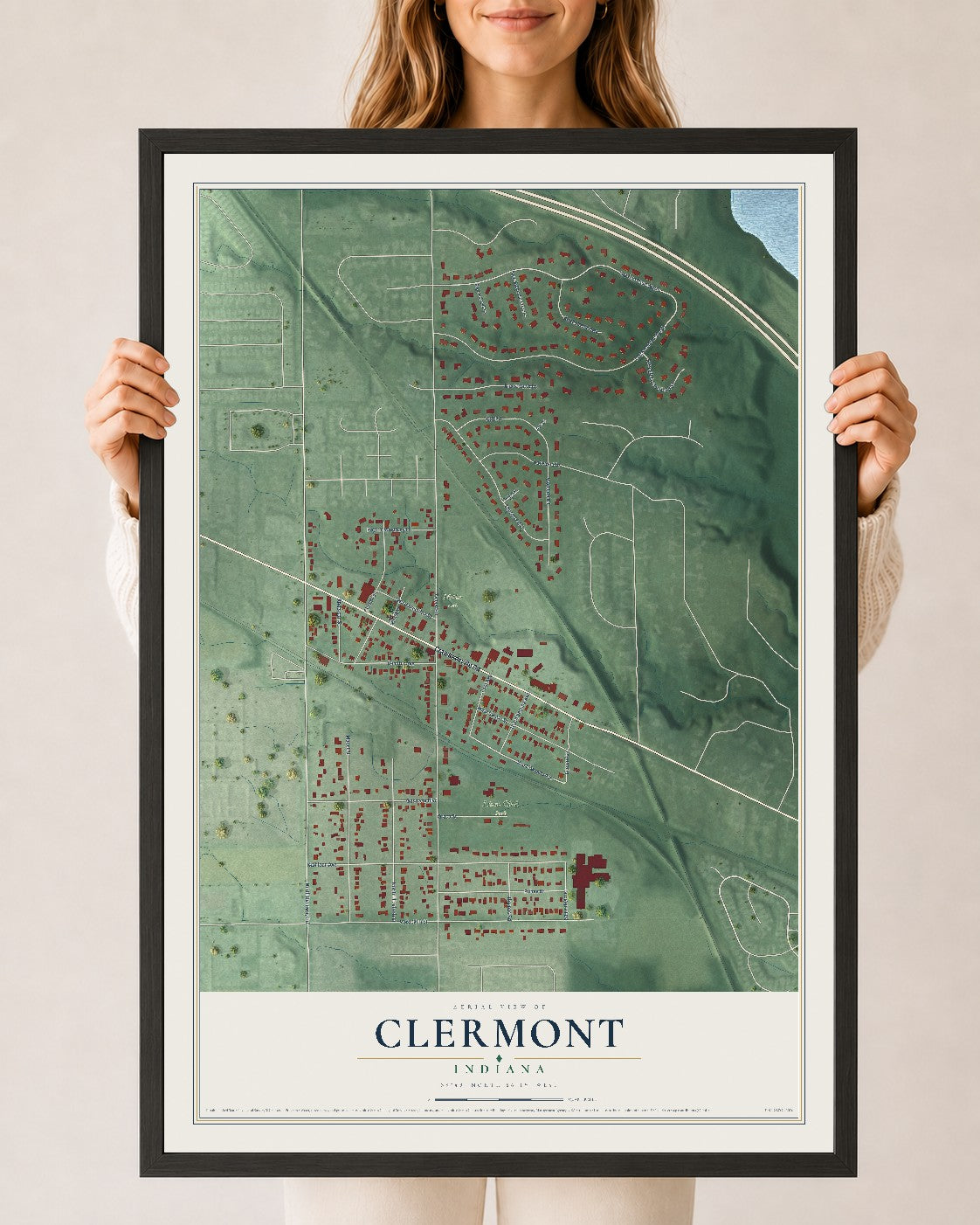 Map of Clermont, Indiana, 24 x 36 inch print in a black wood frame