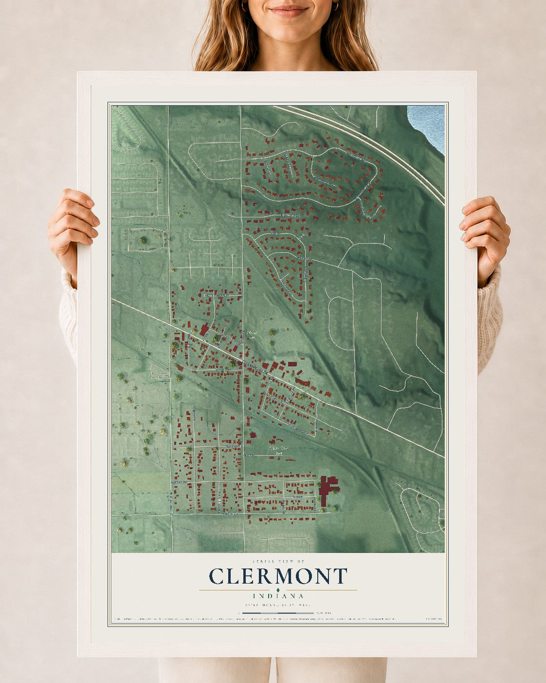 Map of Clermont, Indiana, 24 x 36 inch print in a white wood frame