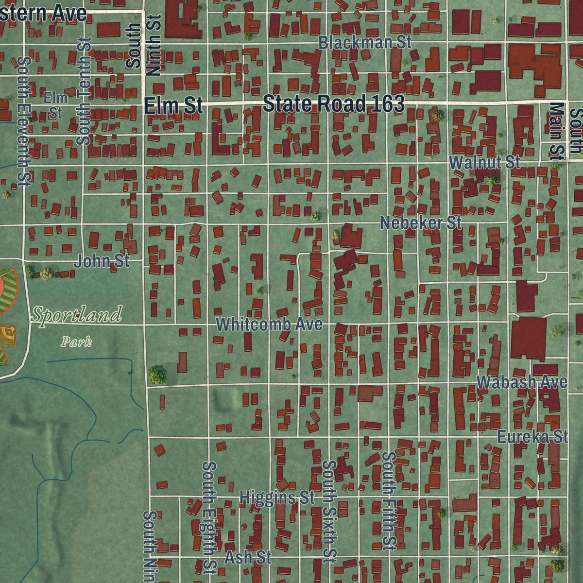 Close-up of the map of Clinton, Indiana print showing street and building detail