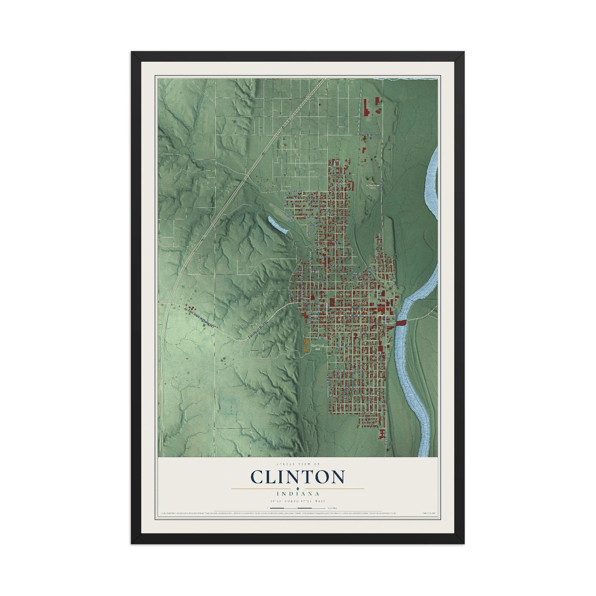Map of Clinton, Indiana, 12 x 18 inch print in a black wood frame