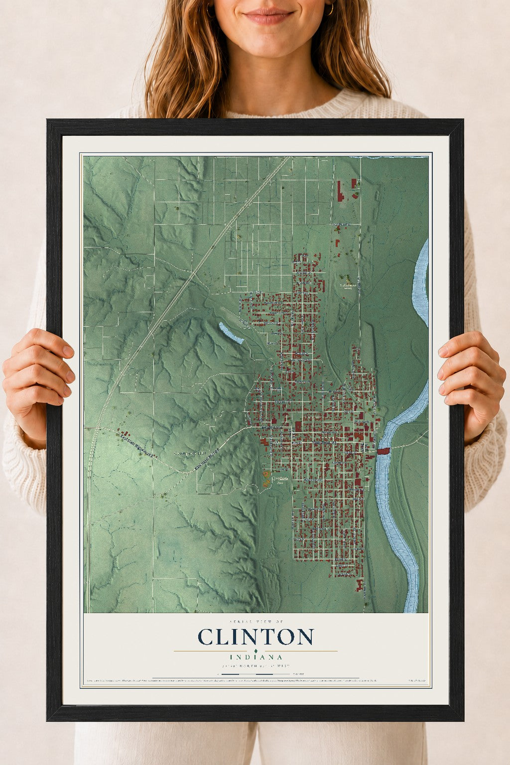 Map of Clinton, Indiana, 18 x 24 inch print in a black wood frame