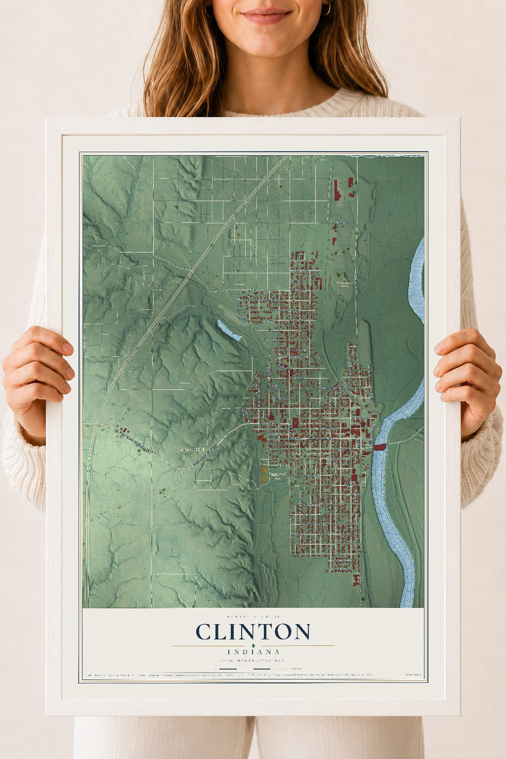 Map of Clinton, Indiana, 18 x 24 inch print in a white wood frame