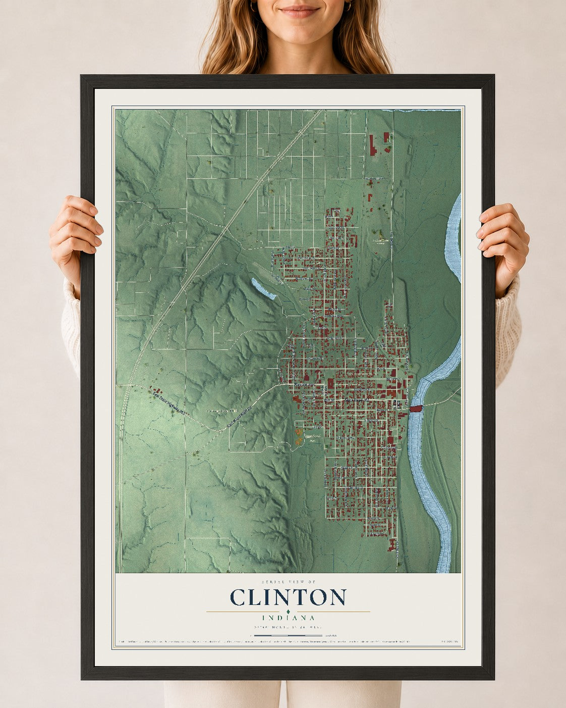 Map of Clinton, Indiana, 24 x 36 inch print in a black wood frame