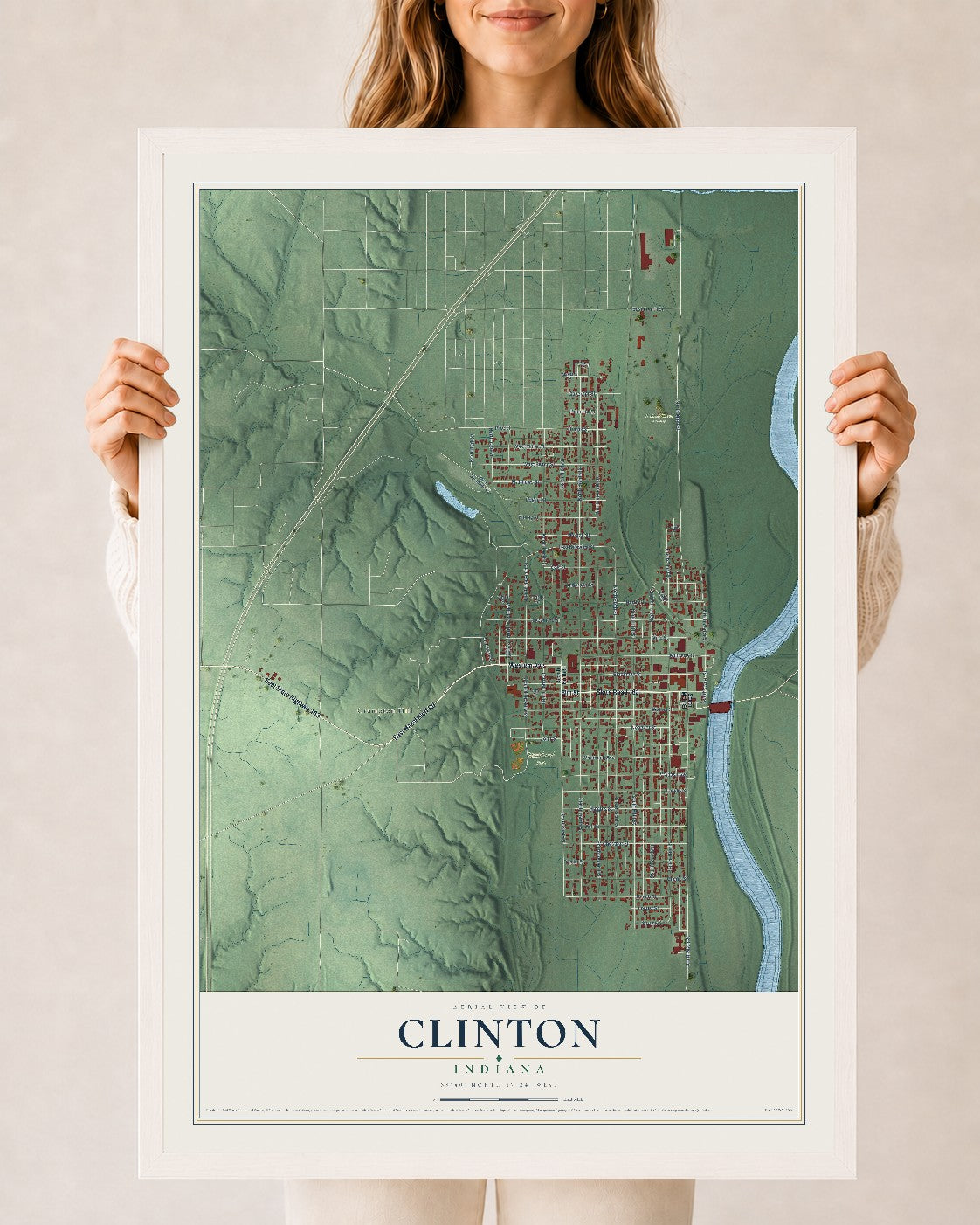 Map of Clinton, Indiana, 24 x 36 inch print in a white wood frame