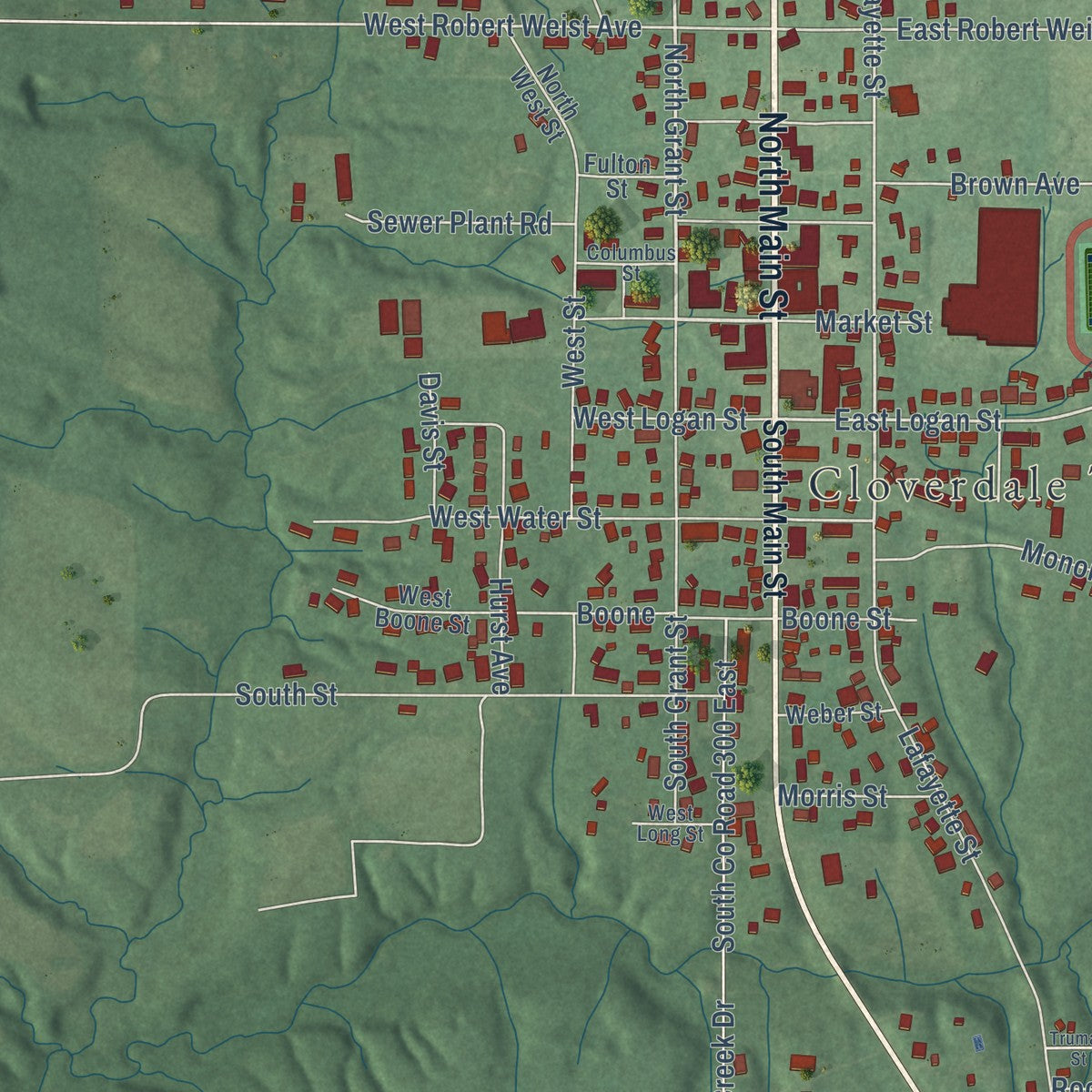 Close-up of the map of Cloverdale, Indiana print showing street and building detail