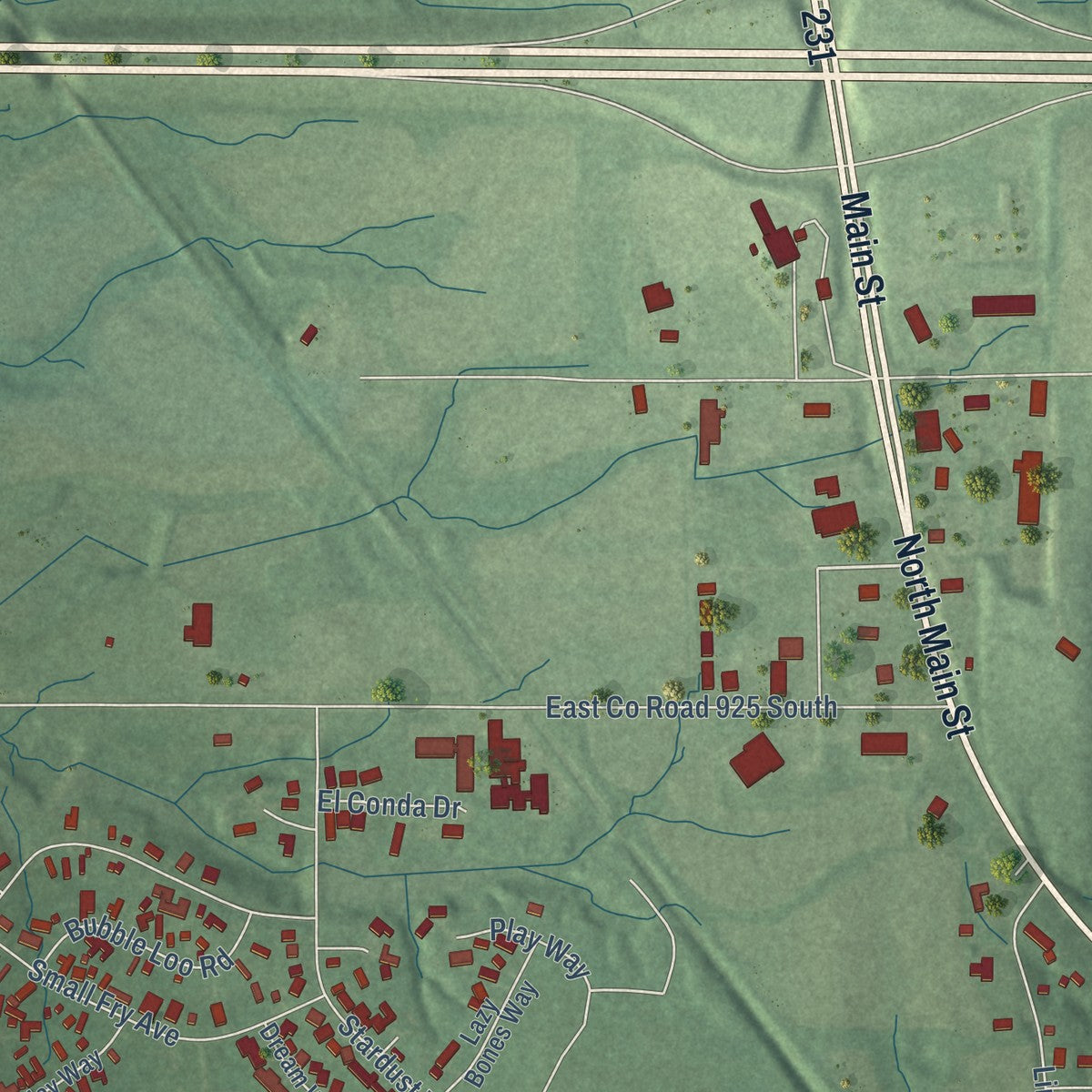 Second close-up of the map of Cloverdale, Indiana print showing more streets and buildings