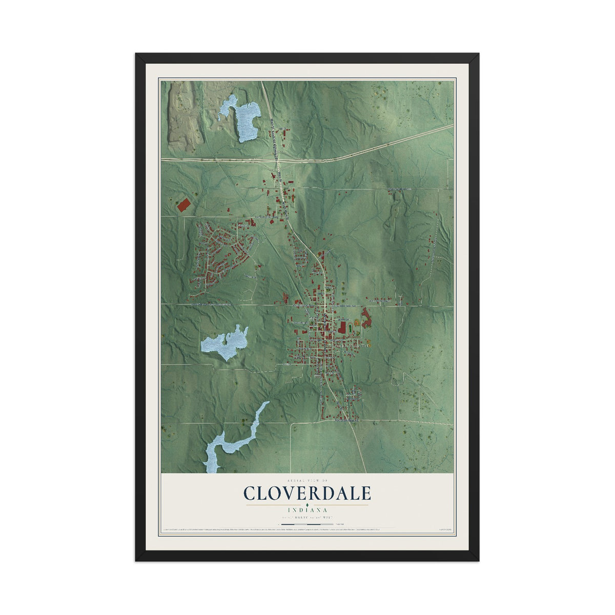 Map of Cloverdale, Indiana, 12 x 18 inch print in a black wood frame