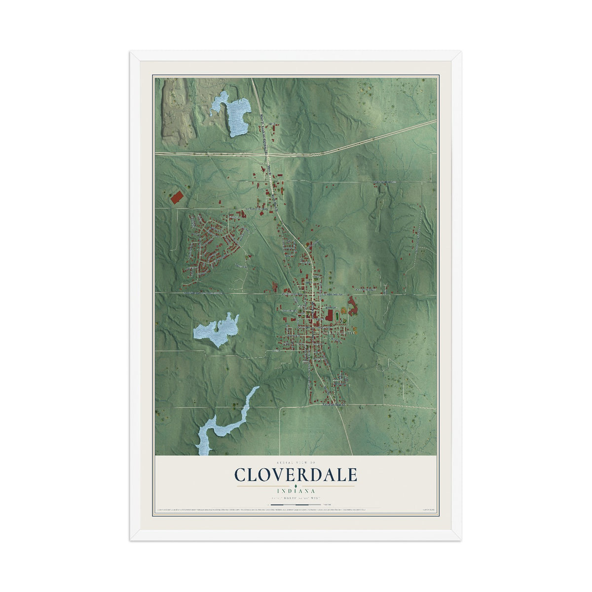 Map of Cloverdale, Indiana, 12 x 18 inch print in a white wood frame