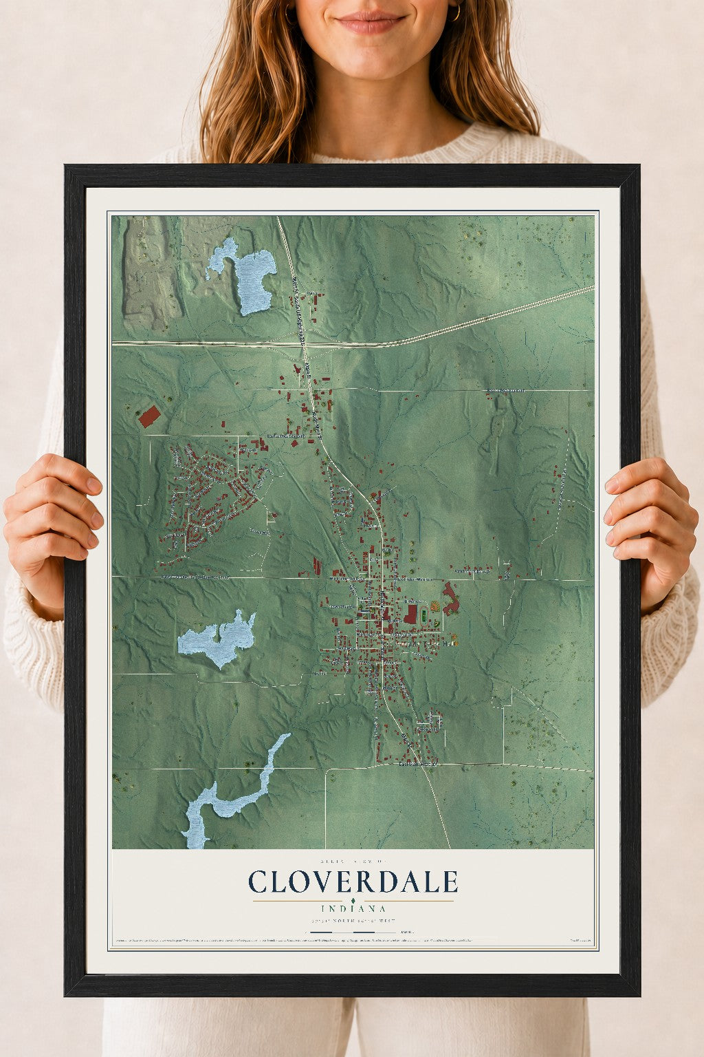 Map of Cloverdale, Indiana, 18 x 24 inch print in a black wood frame