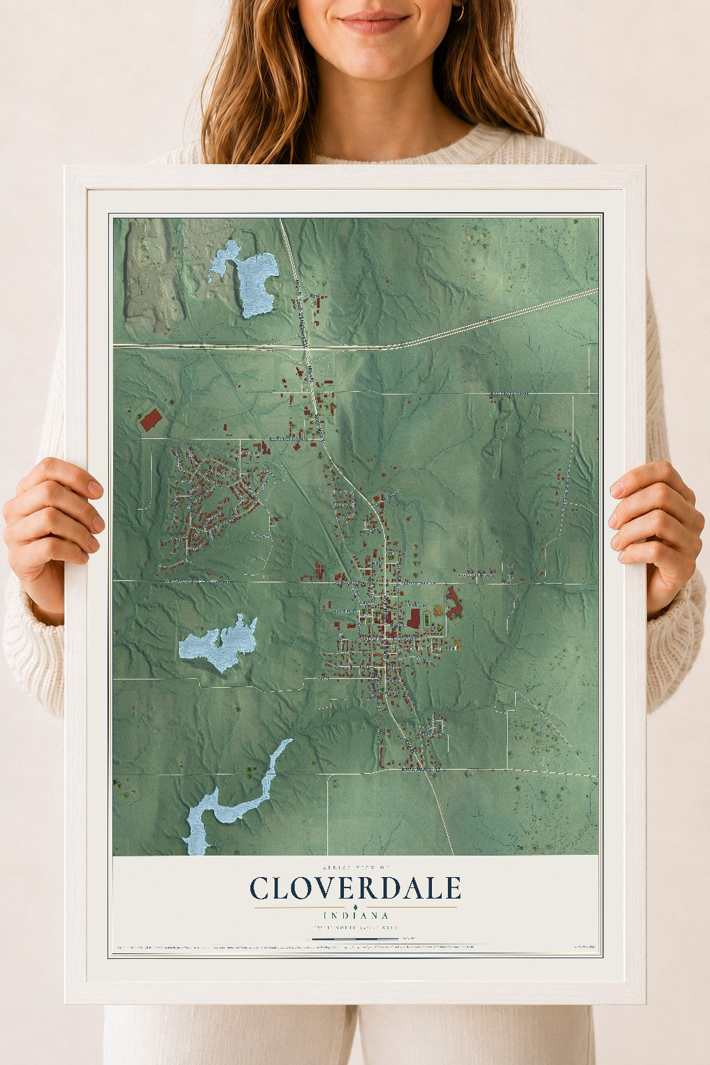 Map of Cloverdale, Indiana, 18 x 24 inch print in a white wood frame