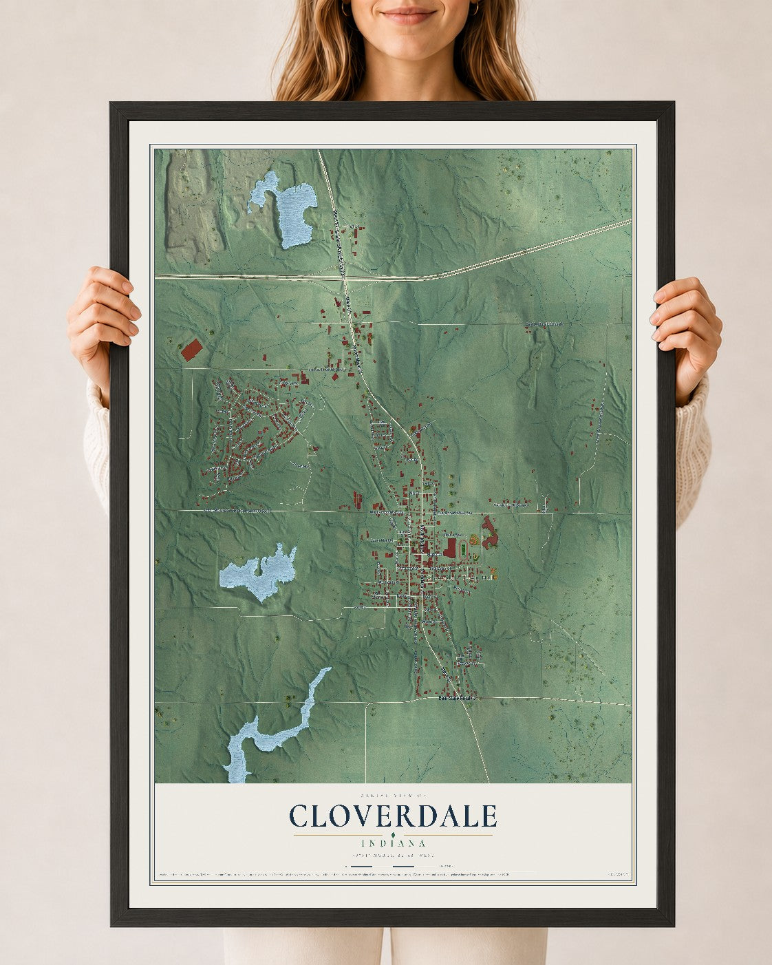 Map of Cloverdale, Indiana, 24 x 36 inch print in a black wood frame
