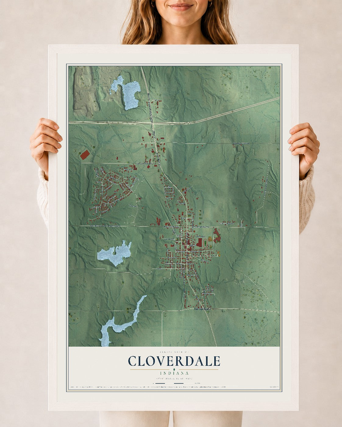 Map of Cloverdale, Indiana, 24 x 36 inch print in a white wood frame