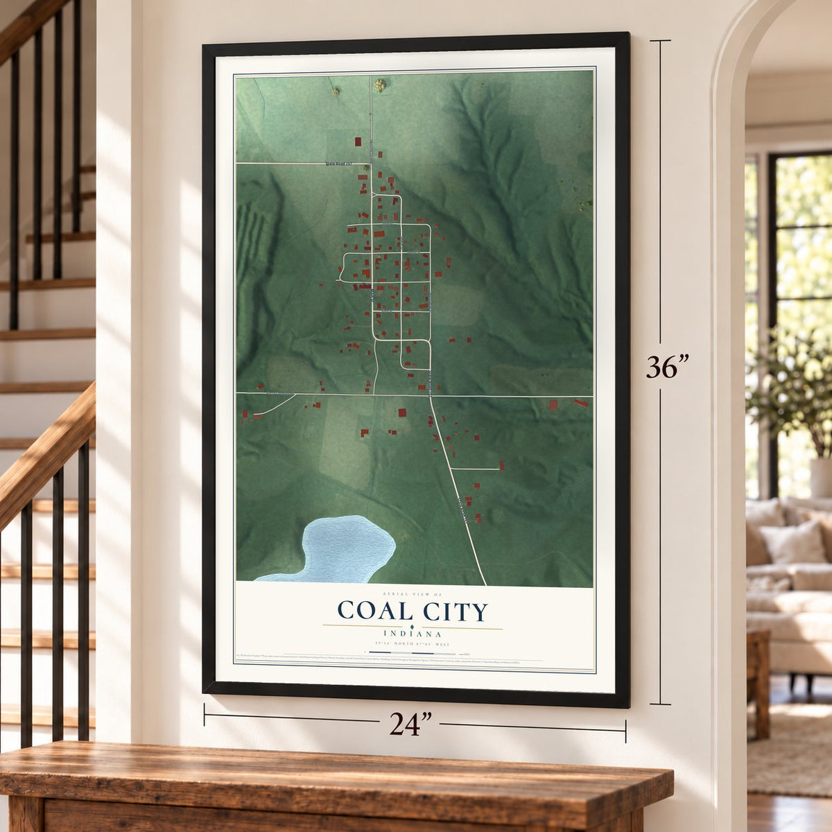 Coal City, Indiana map, 24 x 36 inch print in a black frame by a staircase