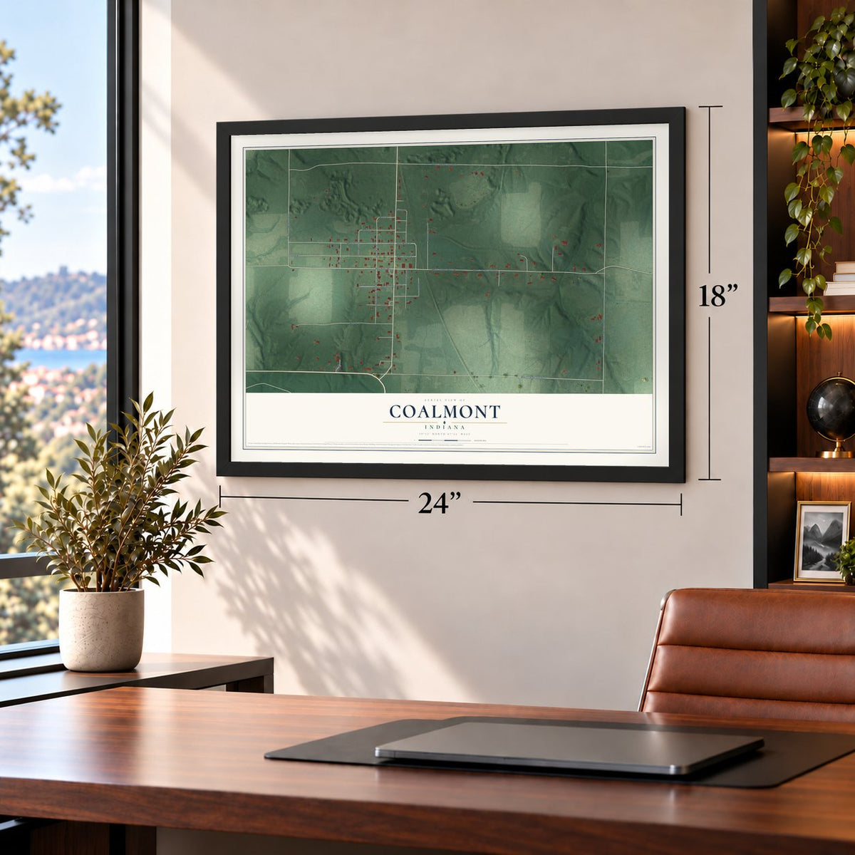 Coalmont, Indiana map, 18 x 24 inch print in a black frame in a home office