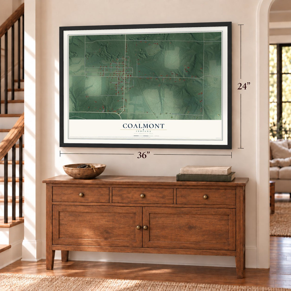 Coalmont, Indiana map, 24 x 36 inch print in a black frame above a dresser by a staircase