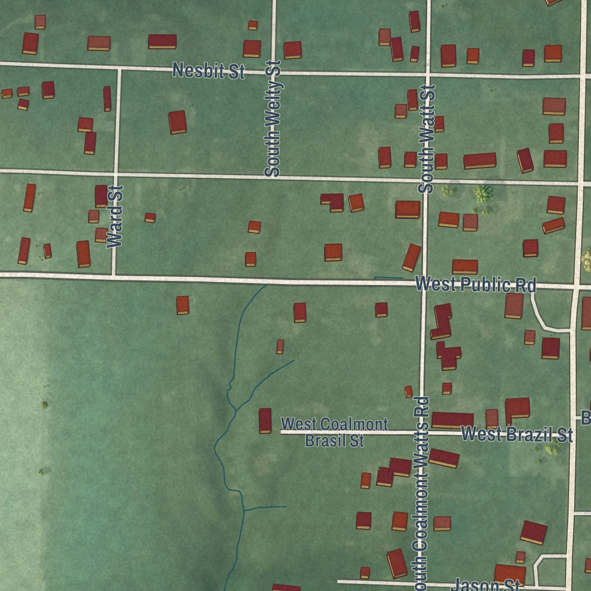Close-up of the map of Coalmont, Indiana print showing street and building detail