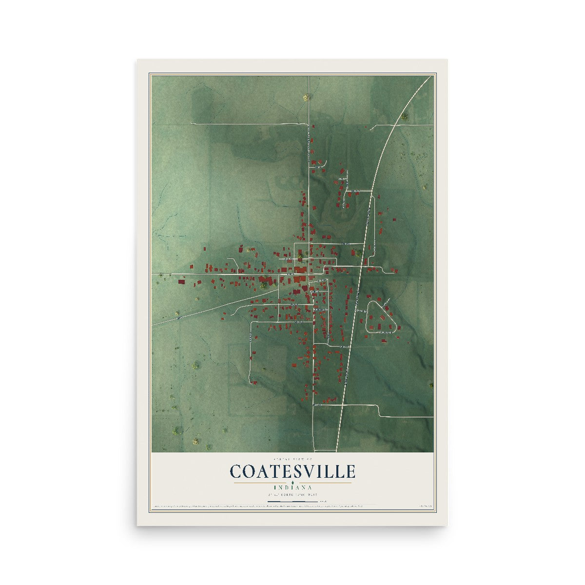Map of Coatesville, Indiana, 12 x 18 inch unframed archival matte print