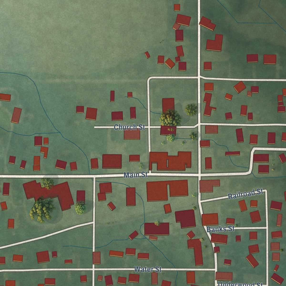 Close-up of the map of Coatesville, Indiana print showing street and building detail