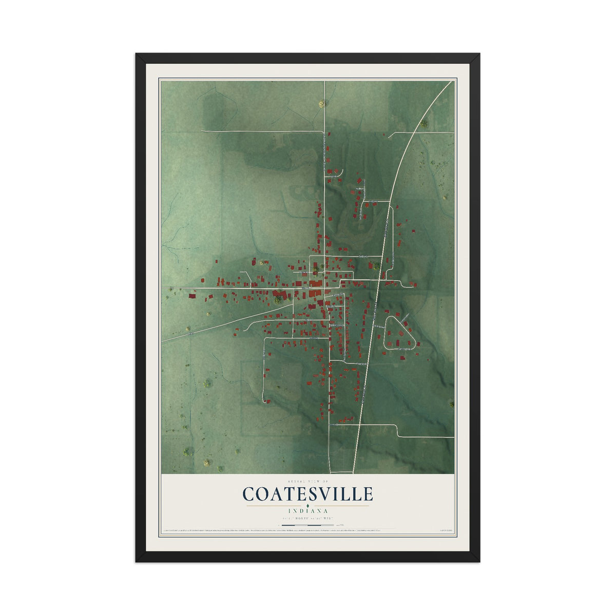 Map of Coatesville, Indiana, 12 x 18 inch print in a black wood frame