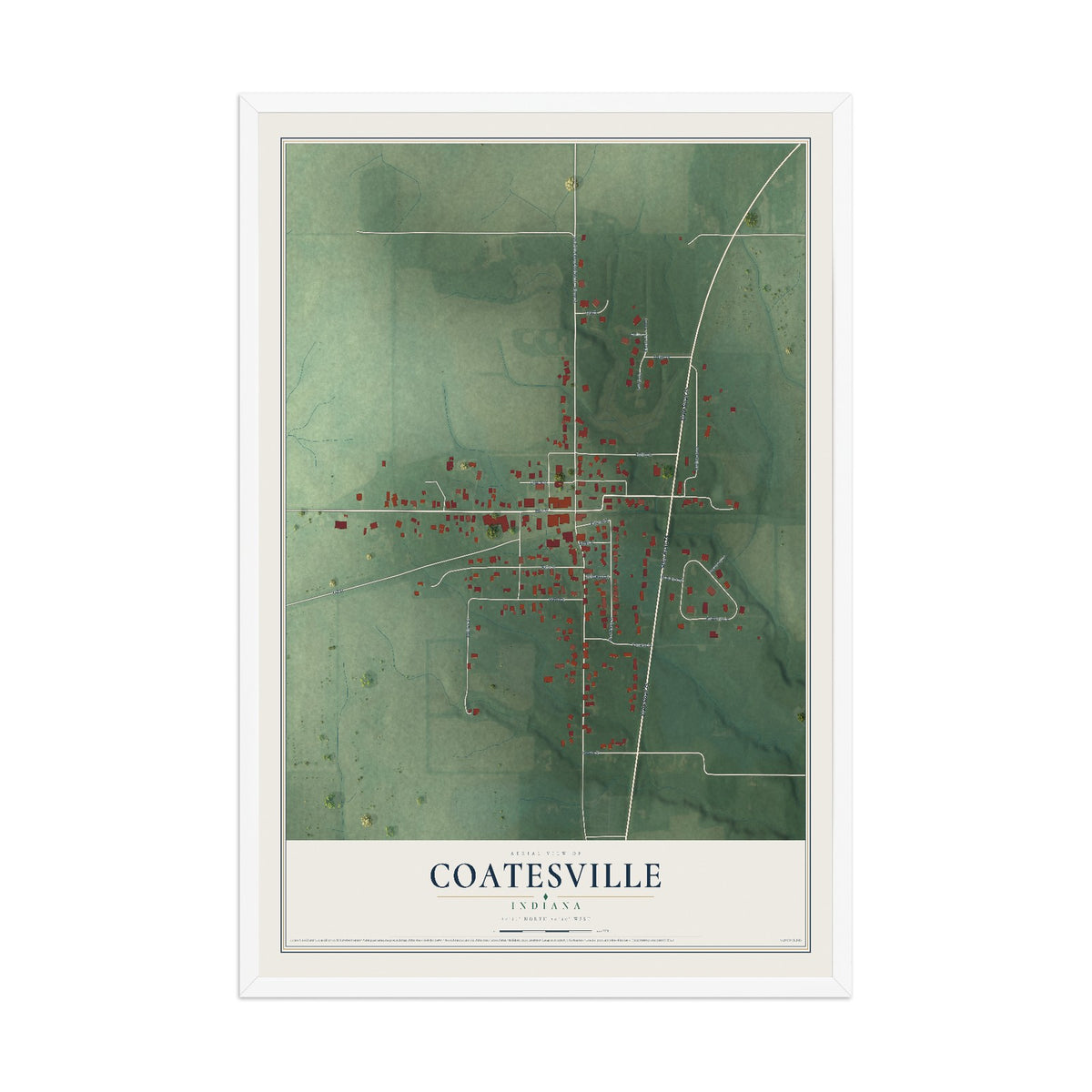 Map of Coatesville, Indiana, 12 x 18 inch print in a white wood frame