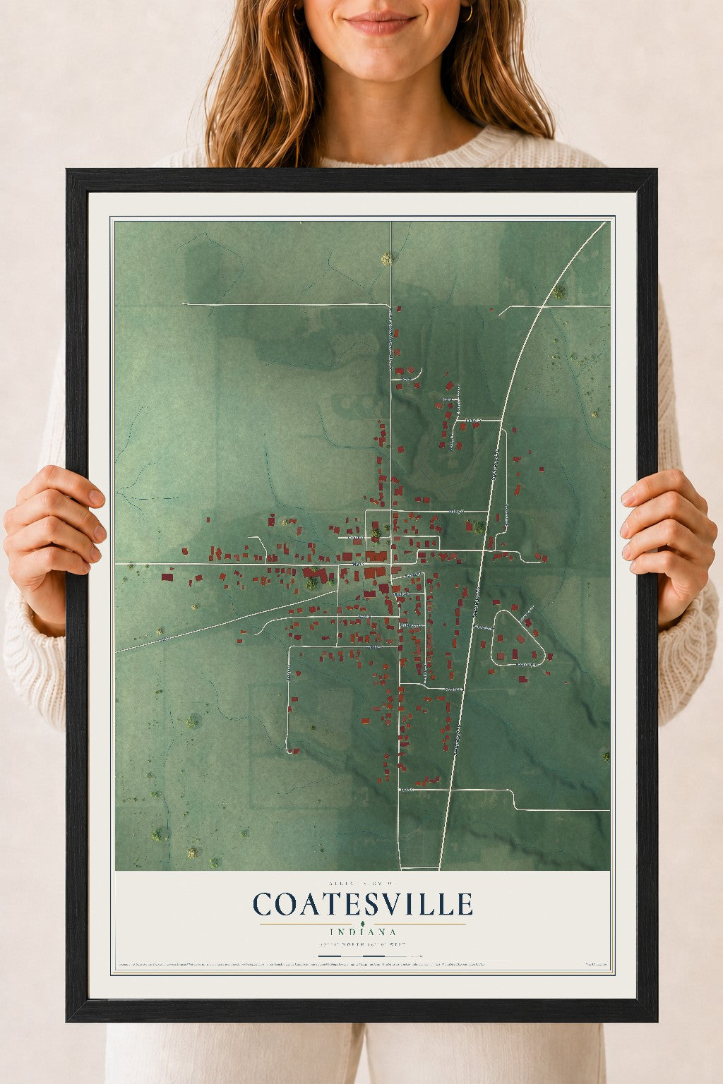 Map of Coatesville, Indiana, 18 x 24 inch print in a black wood frame