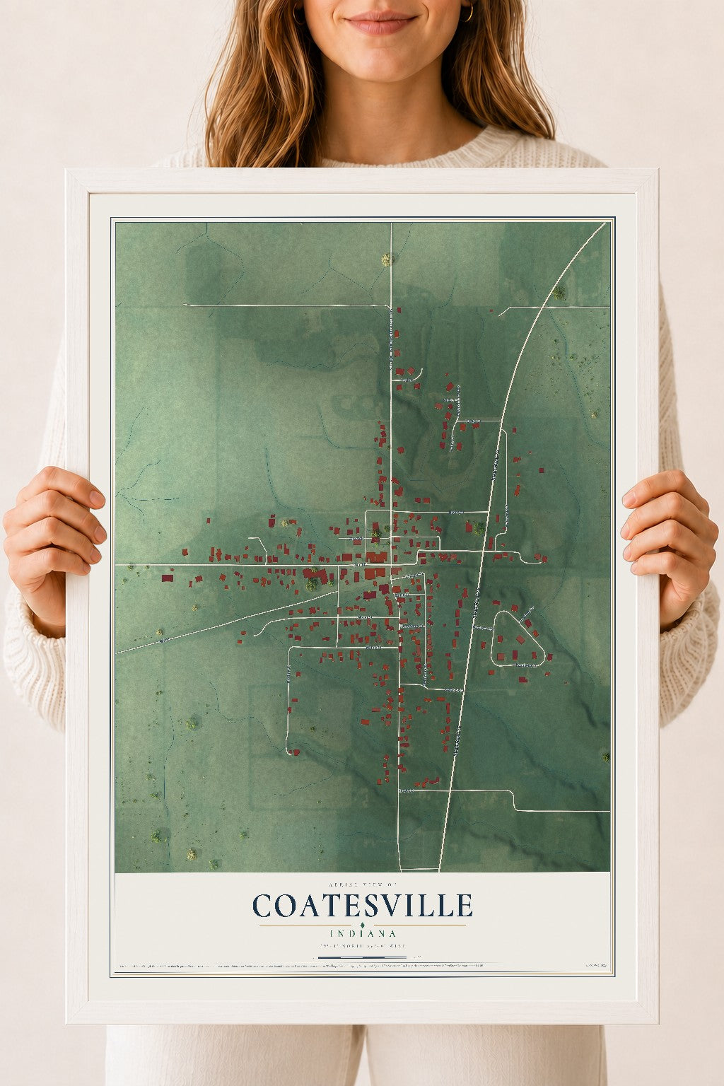 Map of Coatesville, Indiana, 18 x 24 inch print in a white wood frame