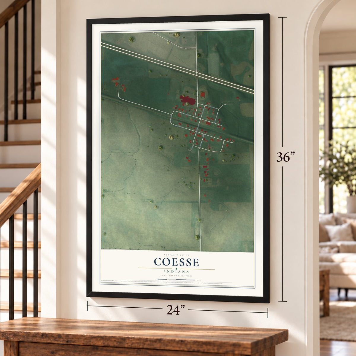 Coesse, Indiana map, 24 x 36 inch print in a black frame by a staircase