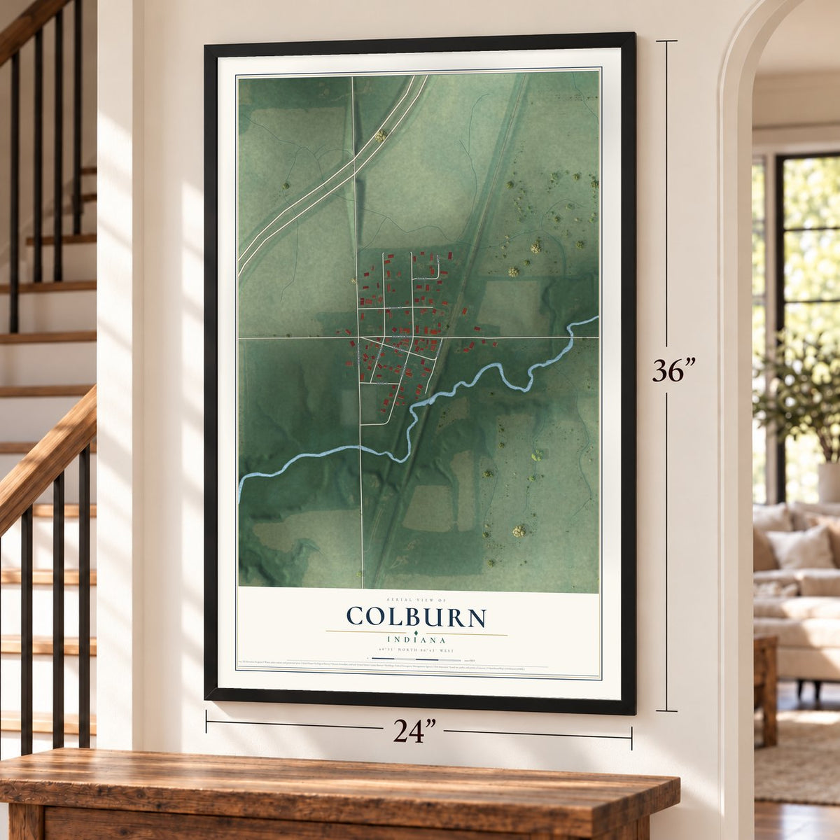 Colburn, Indiana map, 24 x 36 inch print in a black frame by a staircase