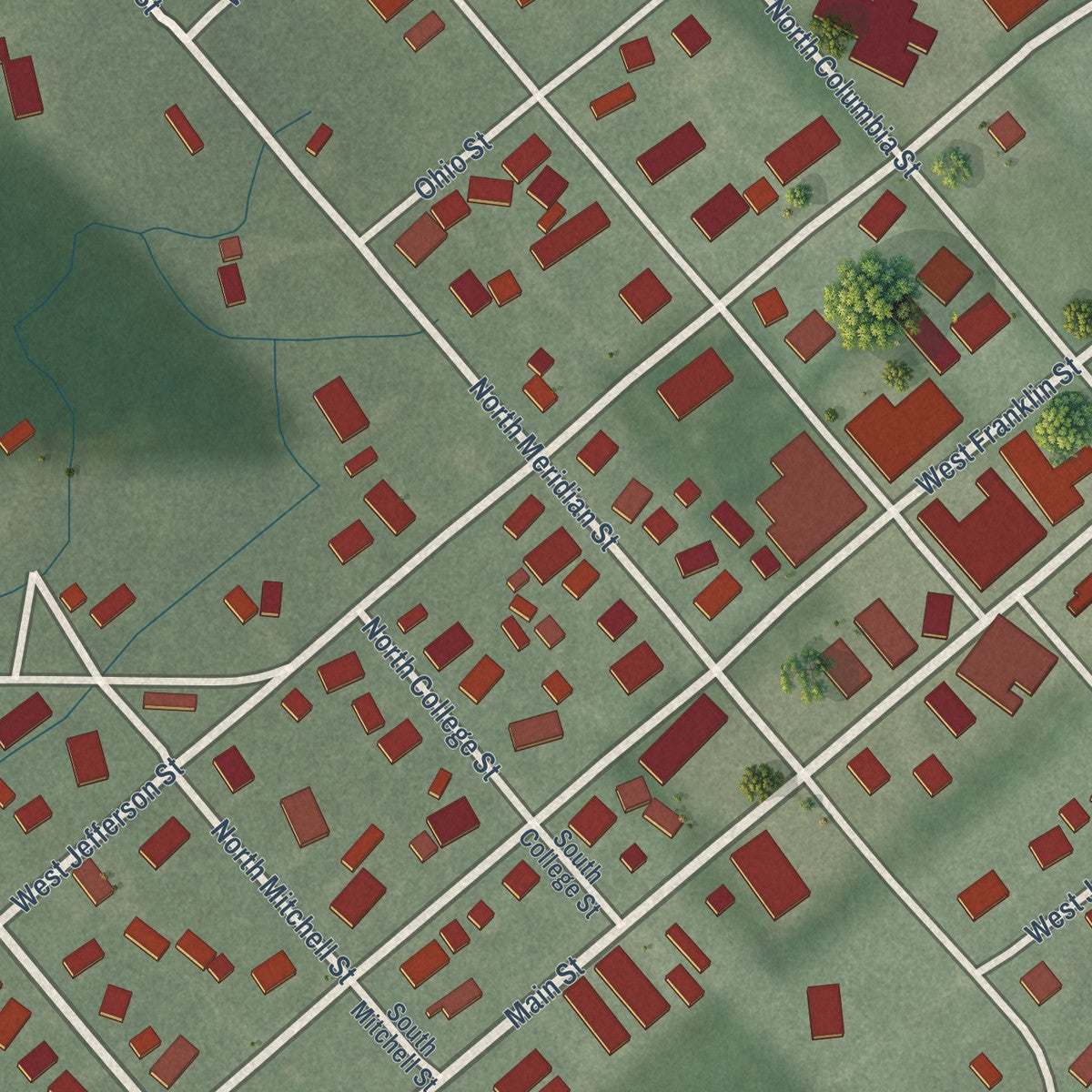 Close-up of the map of Colfax, Indiana print showing street and building detail