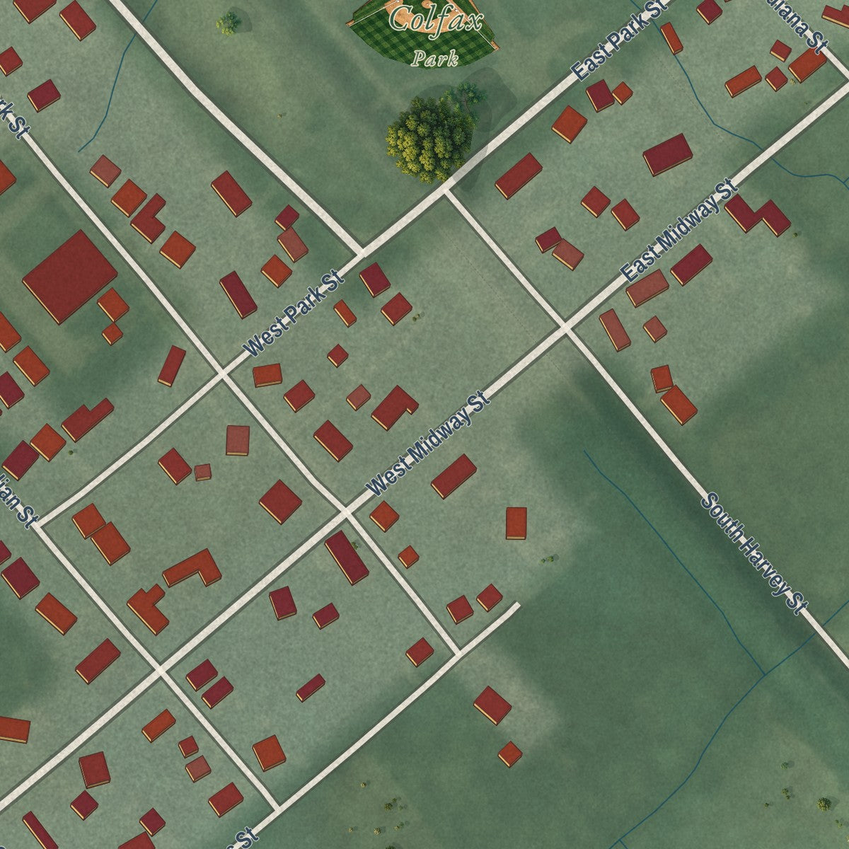 Second close-up of the map of Colfax, Indiana print showing more streets and buildings