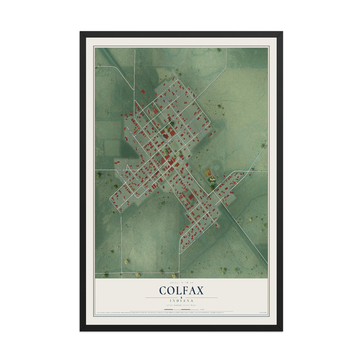 Map of Colfax, Indiana, 12 x 18 inch print in a black wood frame