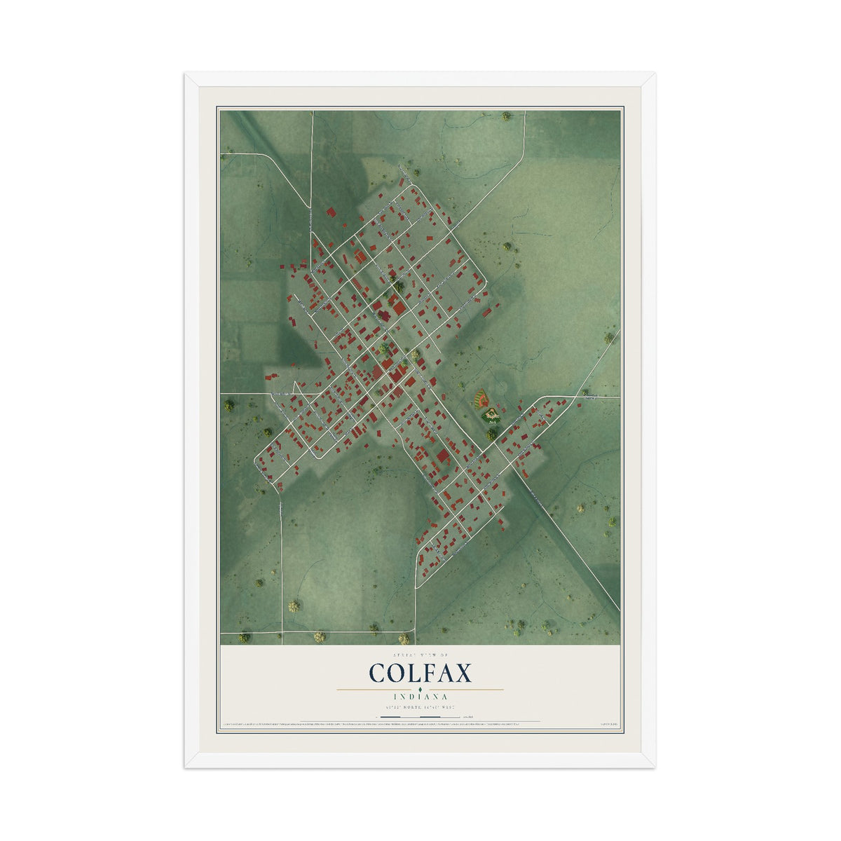 Map of Colfax, Indiana, 12 x 18 inch print in a white wood frame