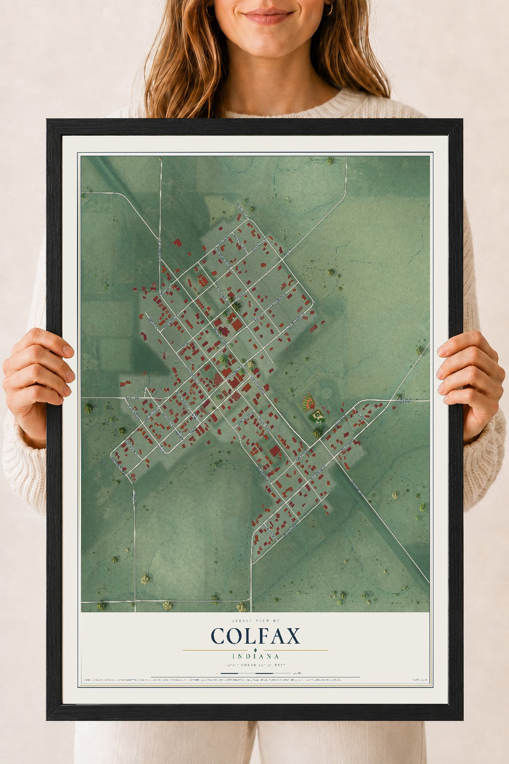 Map of Colfax, Indiana, 18 x 24 inch print in a black wood frame
