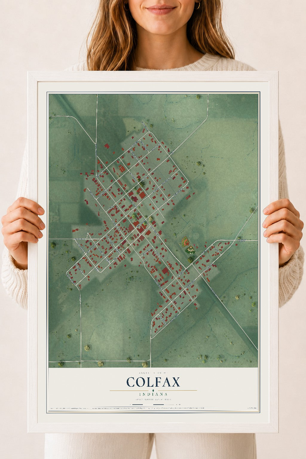 Map of Colfax, Indiana, 18 x 24 inch print in a white wood frame