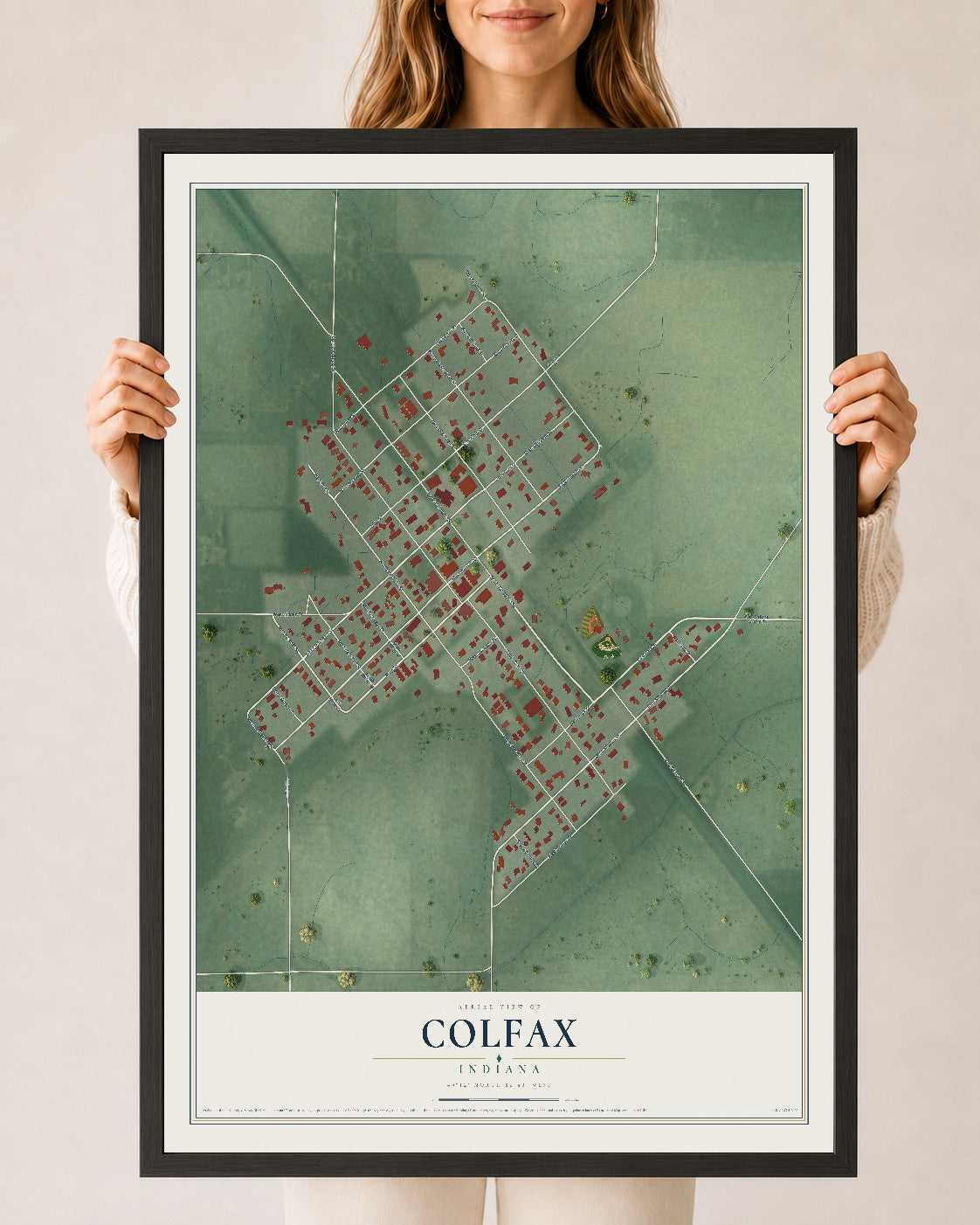 Map of Colfax, Indiana, 24 x 36 inch print in a black wood frame