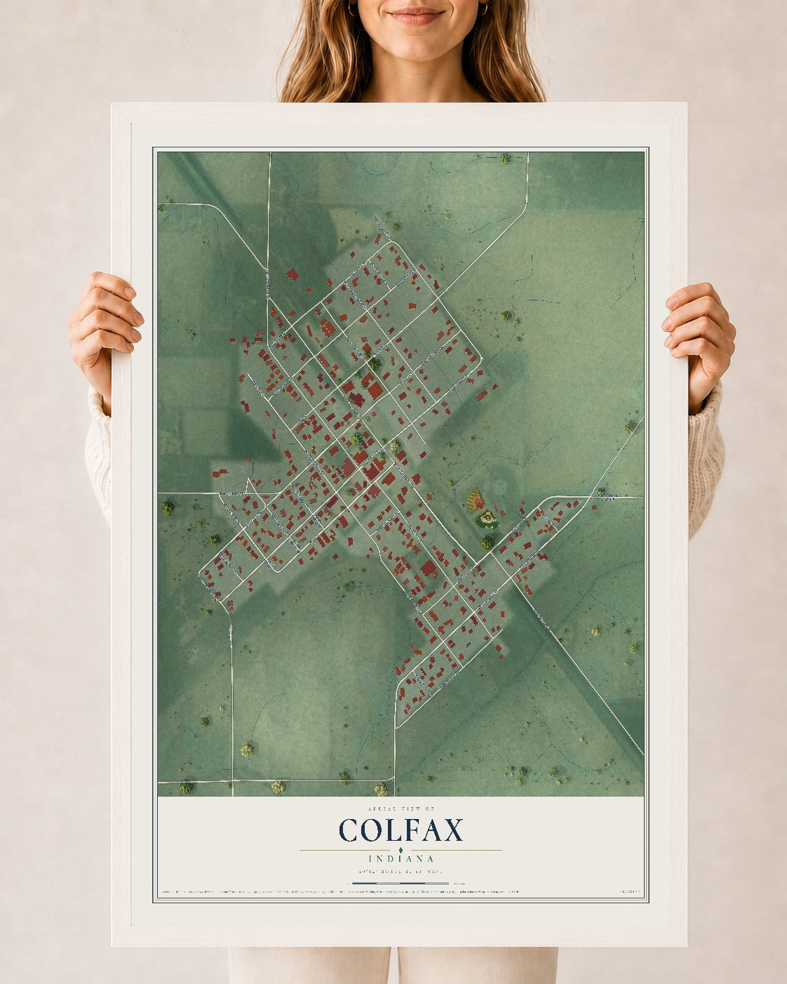 Map of Colfax, Indiana, 24 x 36 inch print in a white wood frame