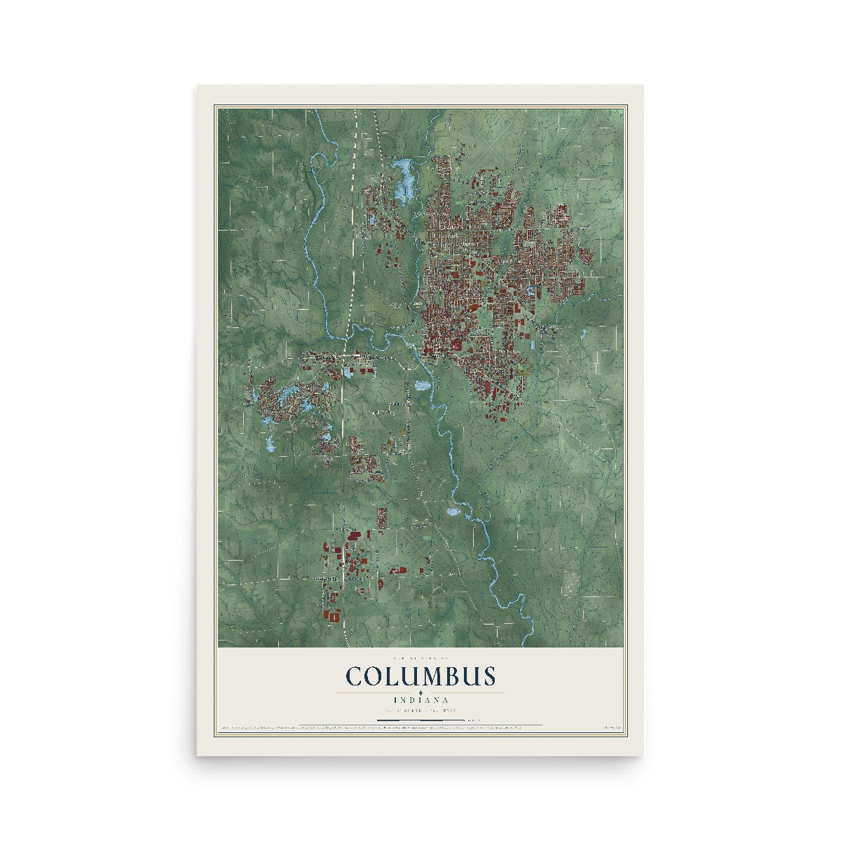 Map of Columbus, Indiana, 12 x 18 inch unframed archival matte print