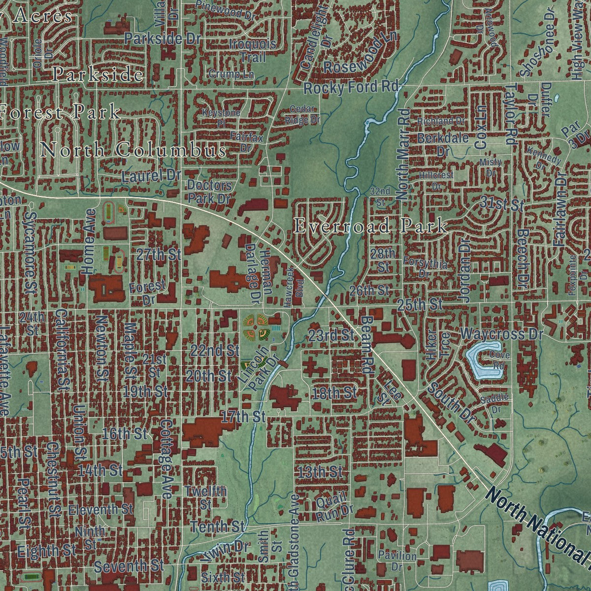 Close-up of the map of Columbus, Indiana print showing street and building detail
