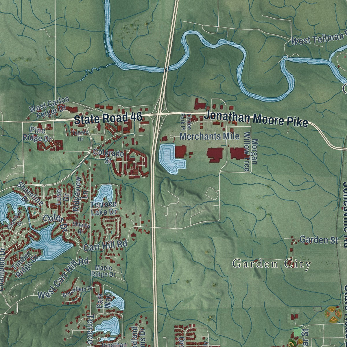 Second close-up of the map of Columbus, Indiana print showing more streets and buildings