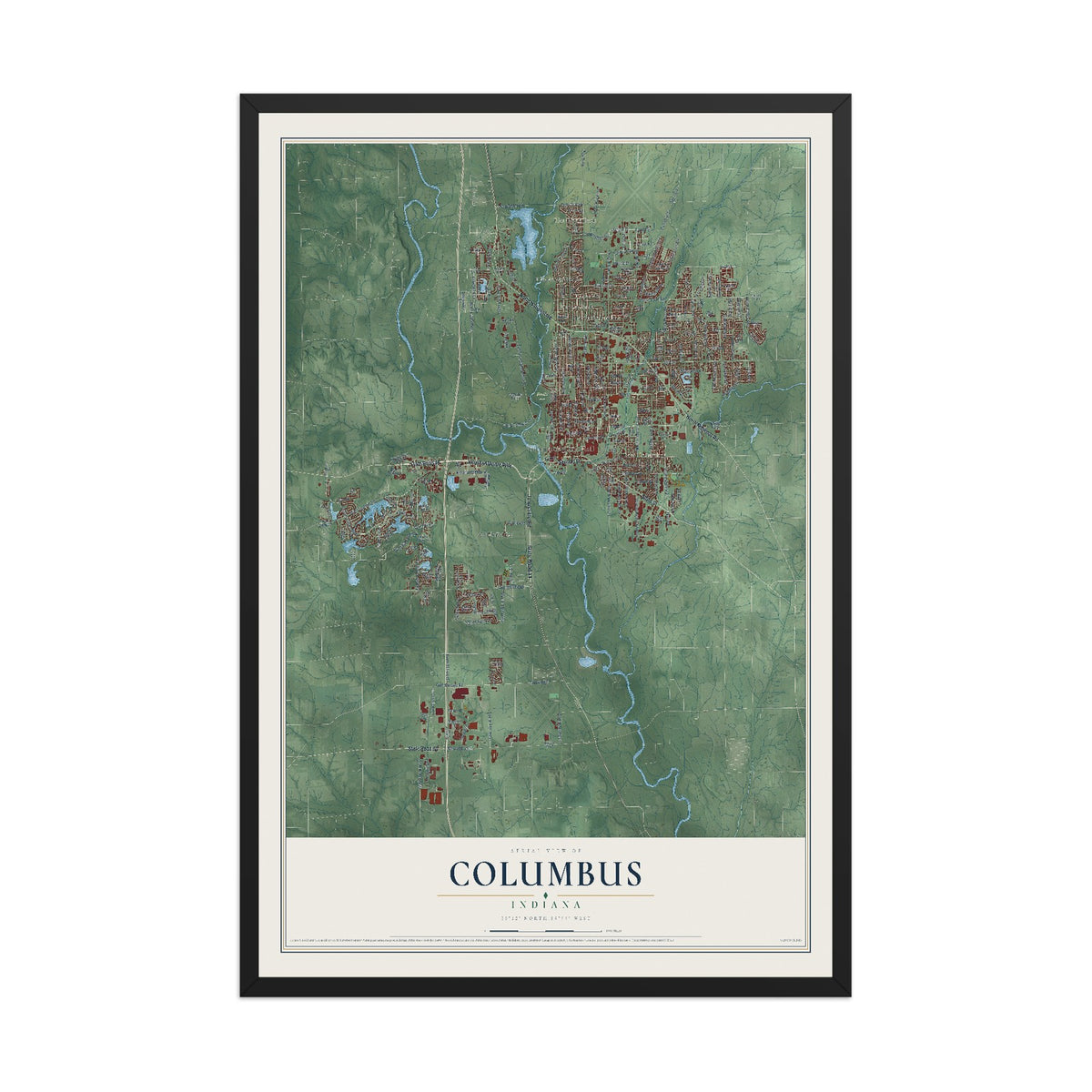 Map of Columbus, Indiana, 12 x 18 inch print in a black wood frame