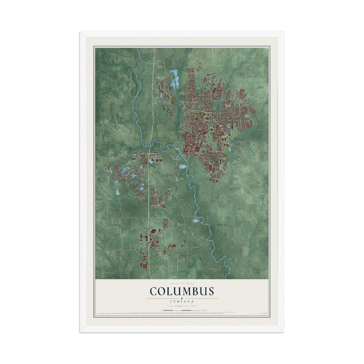 Map of Columbus, Indiana, 12 x 18 inch print in a white wood frame