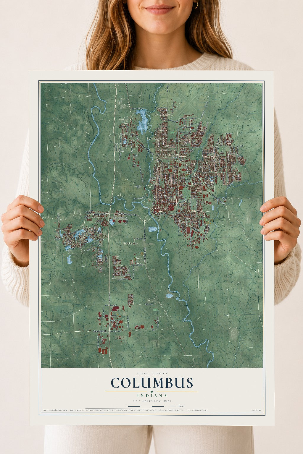 Map of Columbus, Indiana, 18 x 24 inch unframed archival matte print
