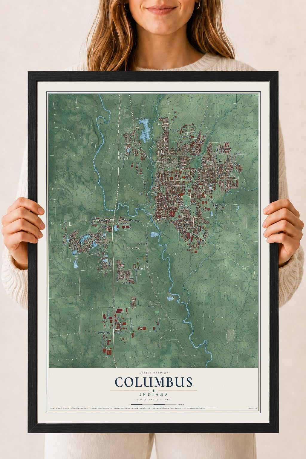 Map of Columbus, Indiana, 18 x 24 inch print in a black wood frame