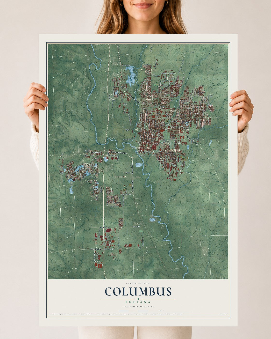 Map of Columbus, Indiana, 24 x 36 inch unframed archival matte print